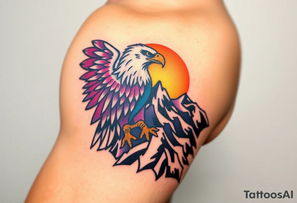 A proud eagle perched on a rugged mountain peak, with a breathtaking sunset behind it, blending fiery oranges, purples, and blues tattoo idea