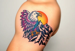 A proud eagle perched on a rugged mountain peak, with a breathtaking sunset behind it, blending fiery oranges, purples, and blues tattoo idea