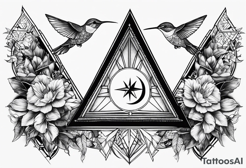 Two triangles with one unclosed, crescent moon, compass, one hummingbird tattoo idea Two triangles with one unclosed, crescent moon, compass, one hummingbird tattoo idea