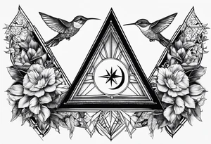 Two triangles with one unclosed, crescent moon, compass, one hummingbird tattoo idea