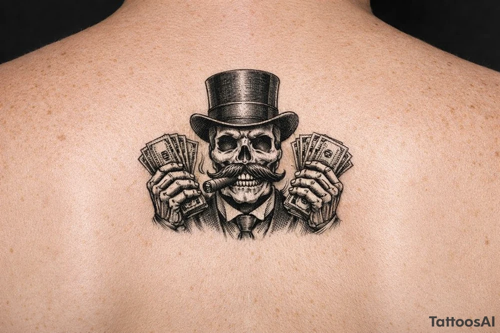 skull with mustache,top-hat,cigar in his mouth,money in both hands. tattoo idea