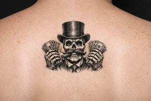 skull with mustache,top-hat,cigar in his mouth,money in both hands. tattoo idea