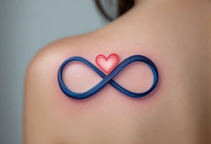 A navy blue infinity figure embracing a glowing coral pink heart at the top. tattoo idea