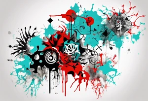 Xoil and Banksy art style, latin america, abstract,  cyan and red, acquarel, fractal, science, tattoo idea