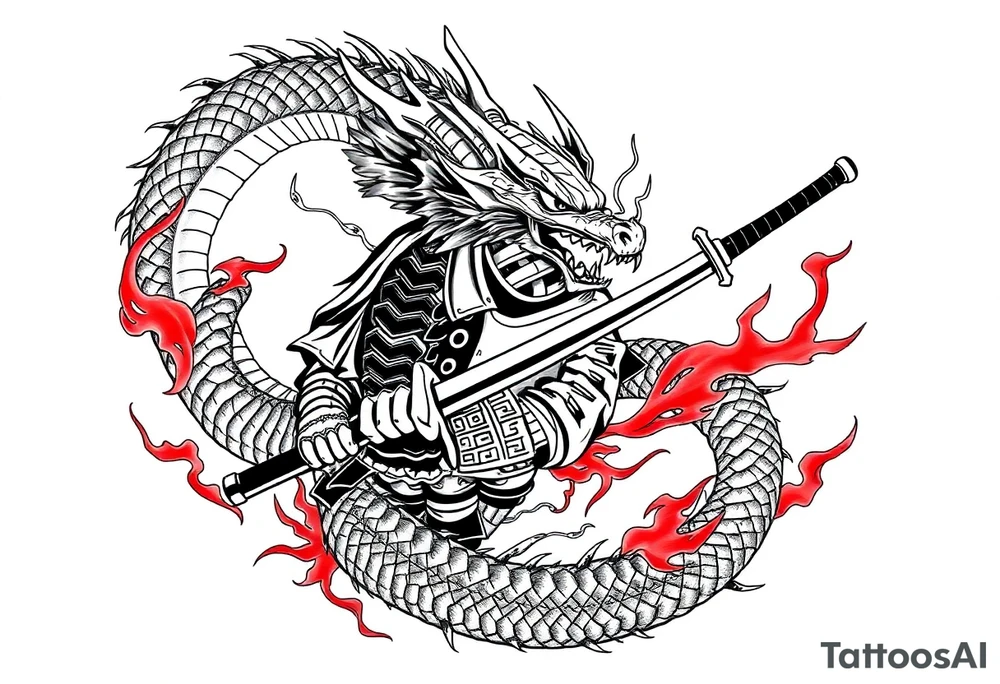 Japanese dragon wrapping around a samurai warrior, flowing body and smoke trails, black ink with red flames, detailed armor textures, sharp horns, claws gripping sword, intense eyes, traditional Japanese tattoo composition, full sleeve expansion layout, designed to wrap around the upper arm -- no color, no text, minimal background, ink-style shading, centered, high-resolution, symmetrical or dynamic layout, tattoo-ready tattoo idea