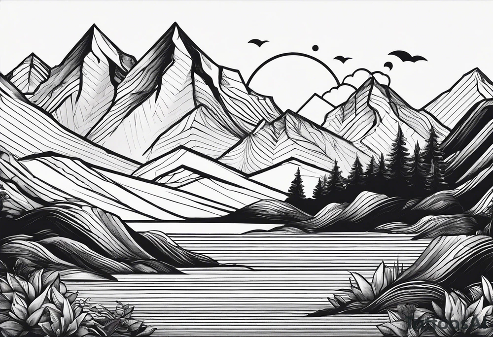straight line - represents overcoming challenges & strength - mountains, waves with a little sunshine tattoo idea straight line - represents overcoming challenges & strength - mountains, waves with a little sunshine tattoo idea