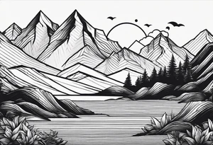 straight line -  represents overcoming challenges & strength - mountains, waves with a little sunshine tattoo idea