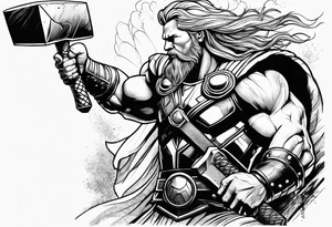 Thor mit Hammer in der Hand kämpft gegen riesige Schange tattoo idea