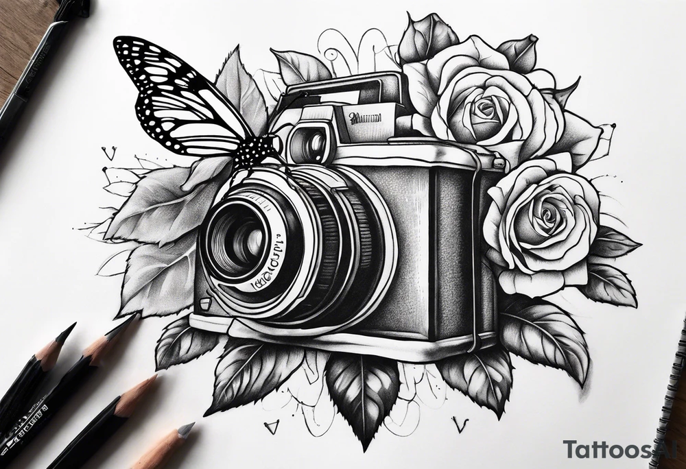 sunflower, camera, flower rose , book, butterfly tattoo idea