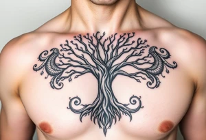 Detailed tree of life tree with designs around it with a lot of shading tattoo idea