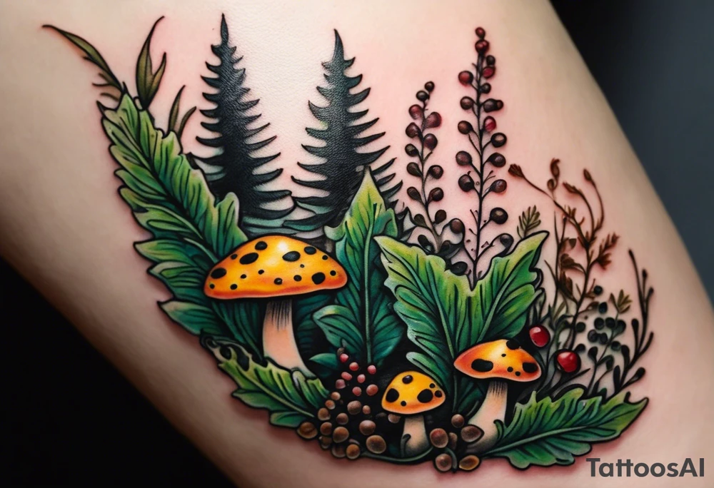 forest floor inspired minimalist tattoo, which includes grass, curly ferns, moss and dead leaves as the bulk of the tattoo. details to include: forest berries, a tiny bumblebee flying nearby, three small brown mushrooms
Generate a vertically long one tattoo idea