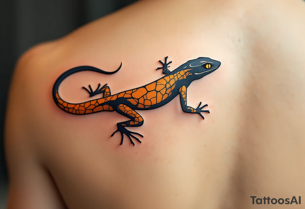 Tribal desert lizard with cracked earth texture – A sleek, agile lizard in motion, designed with tribal curves and sharp angles along its spine. Its skin mimics the pattern of sunbaked, cracked earth, blending tones of burnt orange, dusty brown, and charcoal black. The tail coils elegantly, forming a spiral, while the eyes gleam in golden yellow, symbolizing survival, transformation, and primal instincts. tattoo idea