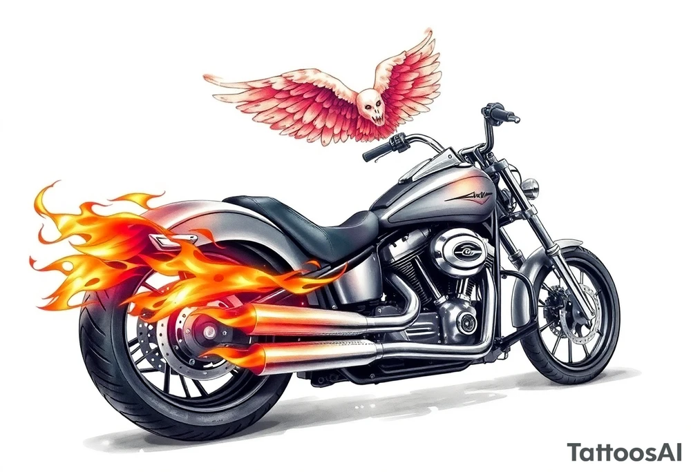 Low rider grey motorcycle, big muffler pipes with flames, angel wings, driving away, no person tattoo idea