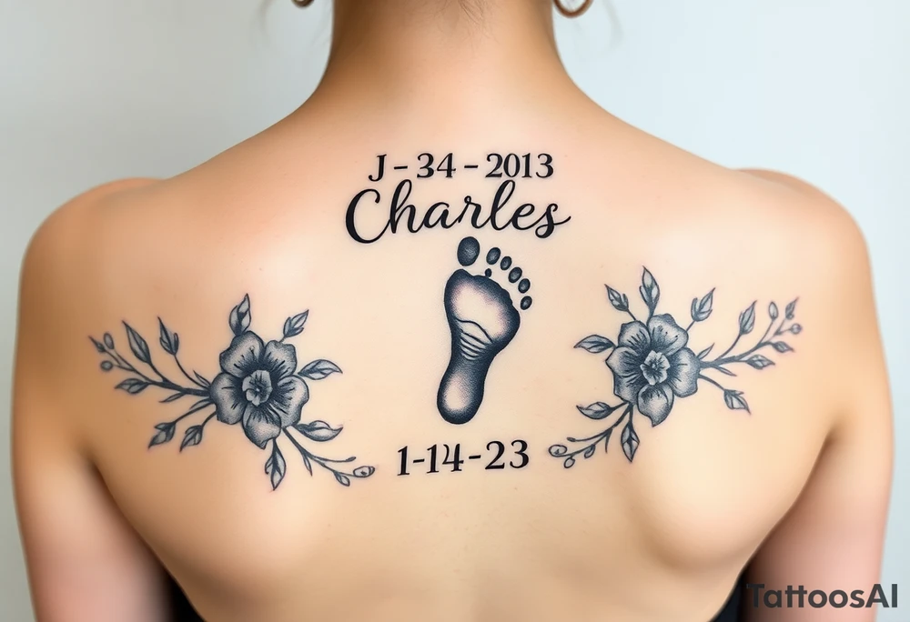 baby footprint print with the name Charles above it, the date 1-14-23 below it and surrounded by floral vines tattoo idea