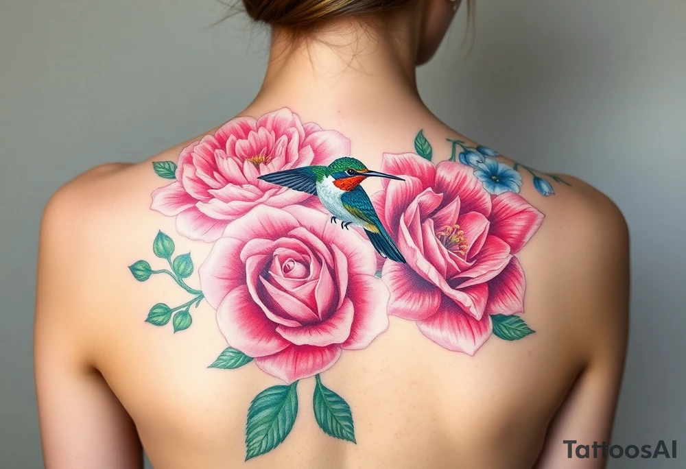Bouquet of flowers with watercolors carnation, rose, Lily of the valley, delphinium with stems Starting upper middle back to right shoulder With Rufos humming bird feeding on rose.  Soft tones tattoo idea