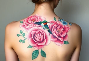 Bouquet of flowers with watercolors carnation, rose, Lily of the valley, delphinium with stems Starting upper middle back to right shoulder With Rufos humming bird feeding on rose.  Soft tones tattoo idea