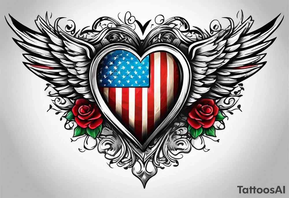Flag inside of a heart with wings tattoo idea