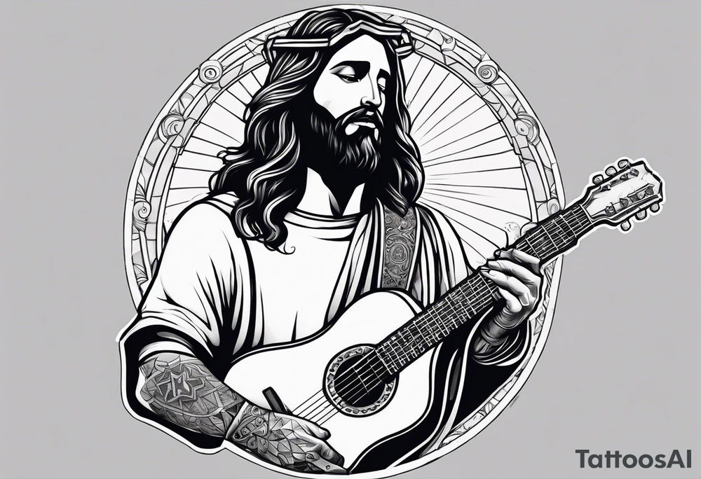 create a Jesus holding a guitar in one hand and a machine gun in the other tattoo idea