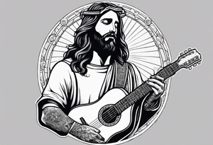 create a Jesus holding a guitar in one hand and a machine gun in the other tattoo idea