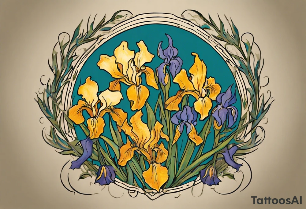 Create a colorful Vincent van Gogh Irises tattoo with Athena's shield and spear. The tattoo should take the form of a crescent, with vines gracefully intertwining at a central point in the middle of the wreath.  The intended placement is on the upper chest. The overall design should be small in size while maintaining a delicate and artistic aesthetic. Pay attention to the graceful flow of the vines and the placement of the irises to achieve a refined and elegant look. tattoo idea