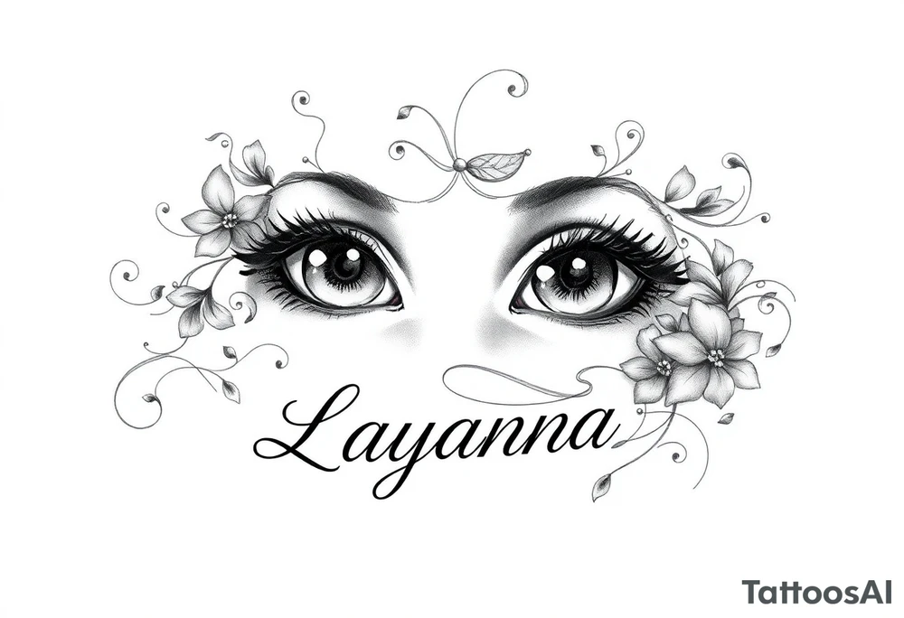 Baby eyes with the name layanna at the bottom of it tattoo idea
