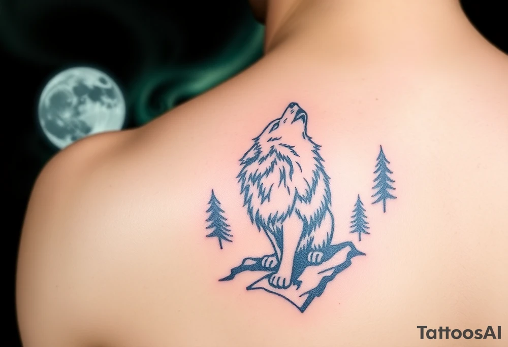 lone wolf howling at full moon with northern lights backdrop tattoo idea