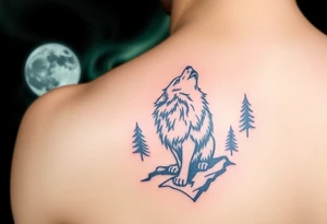 lone wolf howling at full moon with northern lights backdrop tattoo idea