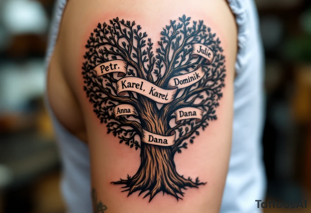 Heart-Shaped Tree with Names in the Bark – A tree whose trunk and branches form a heart shape, with sepia-toned bark engraved with these names "Petr, Karel, Dominik, Anna, Dana, Julie". tattoo idea