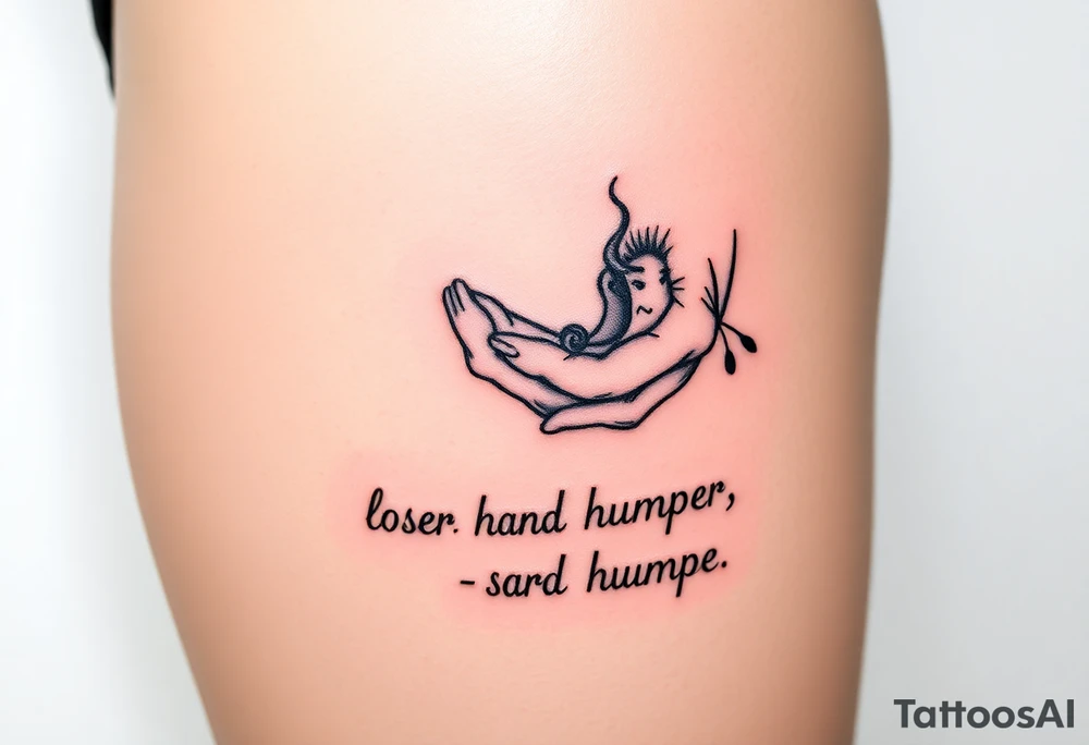 pathetic beta male with skinny penis masturbating with caption “loser hand humper” tattoo idea