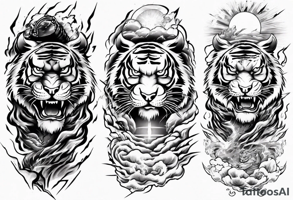 tiger warrior with lightning and the sun for a forearm sleeve tattoo idea