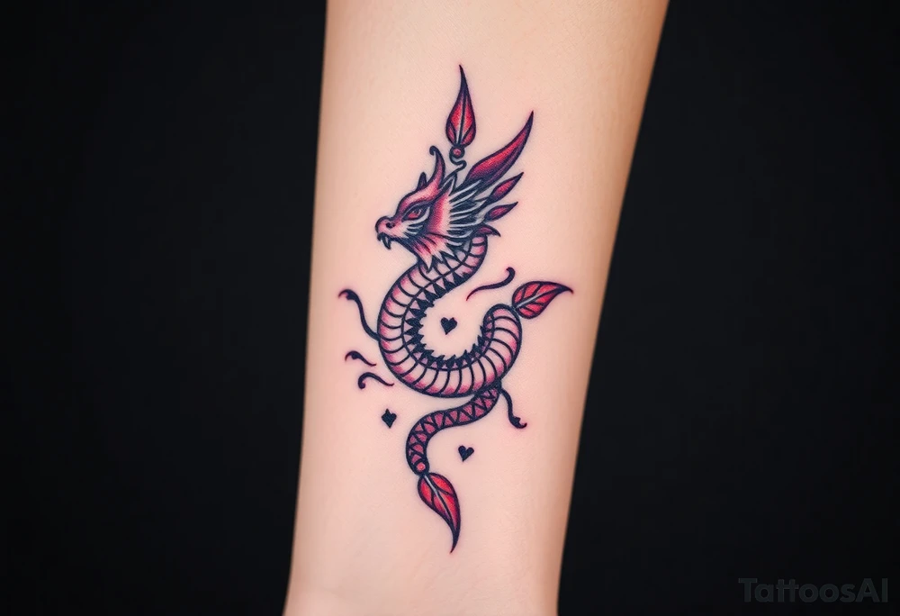A bracelet wrapped around the arm dragon with purple and red tones, feathers and vines tattoo idea