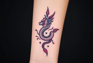 A bracelet wrapped around the arm dragon with purple and red tones, feathers and vines tattoo idea