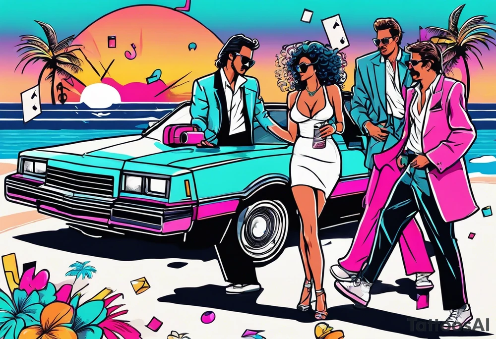 1980's miami vice style dance party with boom box, confetti, music notes in a retro eighties beach theme, no cars tattoo idea