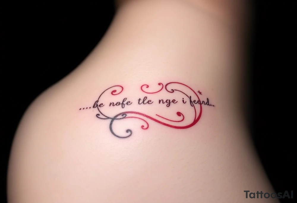 the text, “-... .-. .- . .- .-.. ....... -.. .- .-- --- --- -.. .......” in the shape of a swirl in red ink on female hip bone on the right side tattoo idea