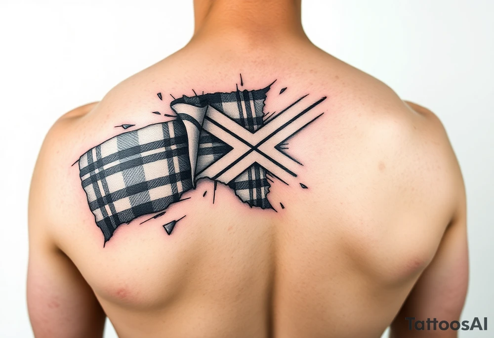 Scotland the brave tartan on left shoulder with skin peeling back to reveal tartan underneath tattoo idea