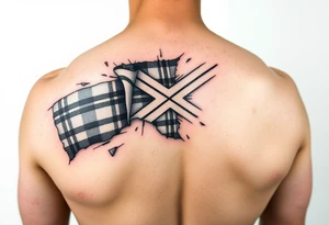 Scotland the brave tartan on left shoulder with skin peeling back to reveal tartan underneath tattoo idea