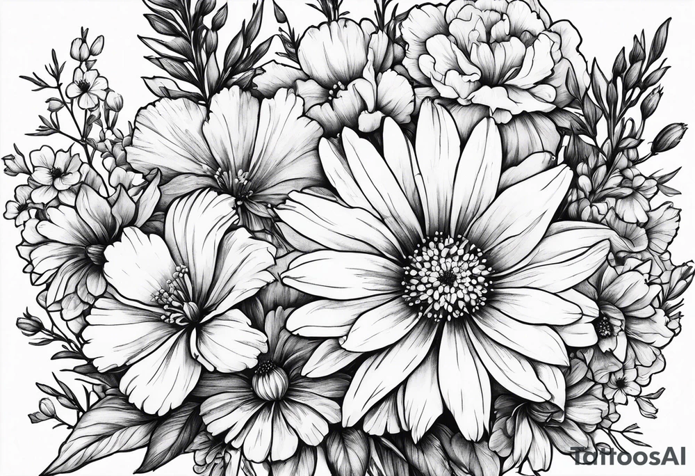 Small sketched bouquet of flowers larkspur carnation violet daisy tattoo idea