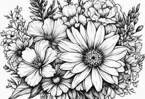Small sketched bouquet of flowers larkspur carnation violet daisy tattoo idea