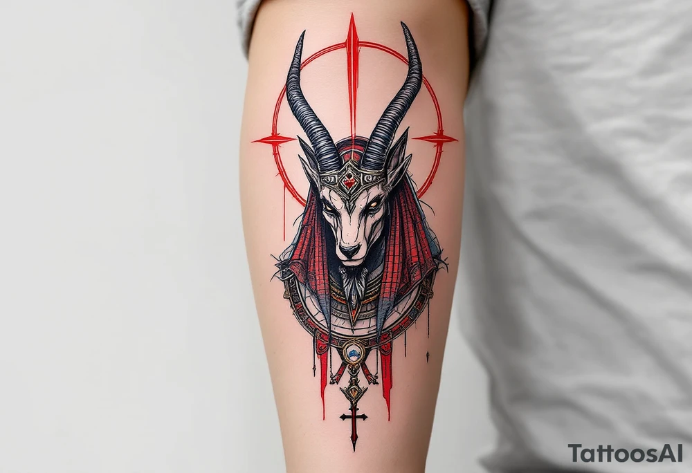 An Anubis with a Halo - Blending Egyptian mythology with Christian spirituality (only red , blue and black are possible colors) tattoo idea