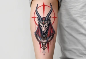 An Anubis with a Halo - Blending Egyptian mythology with Christian spirituality (only red , blue and black are possible colors) tattoo idea