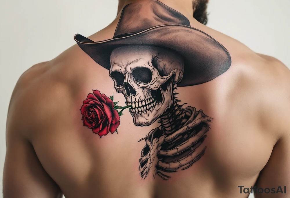 a full body skeleton cowboy with a rose in his mouth. tattoo idea