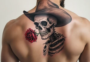 a full body skeleton cowboy with a rose in his mouth. tattoo idea