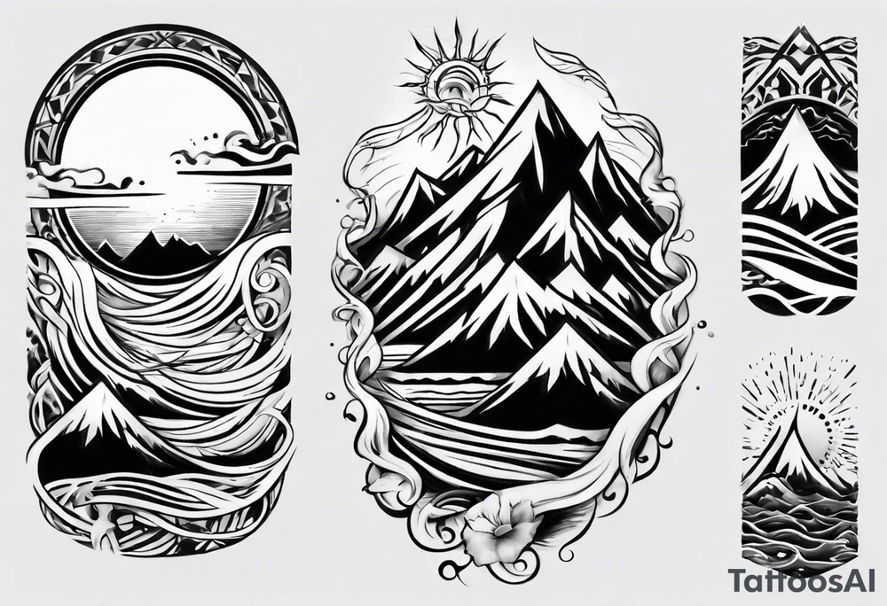 sleeve, mountains, waves, sun tattoo idea