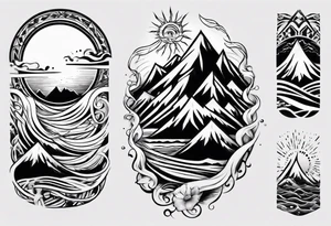 sleeve, mountains, waves, sun tattoo idea