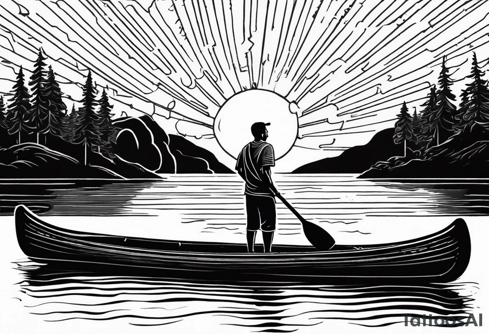 pictured from behind, average sized man with his arms fully extended straight out to the side at chest level, standing on top of modestly sized canoe on the water with a sun above his head. tattoo idea