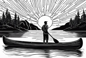 pictured from behind, average sized man with his arms fully extended straight out to the side at chest level, standing on top of modestly sized canoe on the water with a sun above his head. tattoo idea