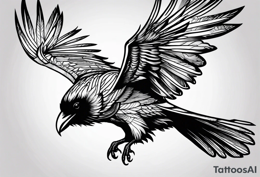 outline drawing of a flying raven with wings of fire tattoo idea