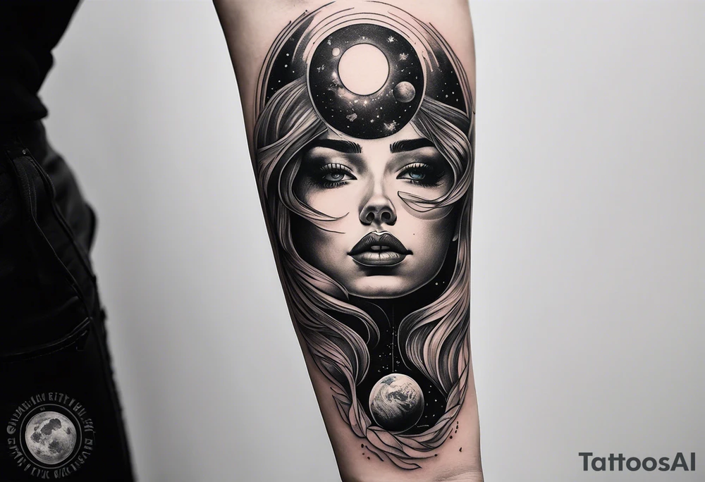 A surrealistic forarm tattoo featuring beautiful woman’s face holding a planet in her hand. Above her head is a man being lifted up into a black hole tattoo idea