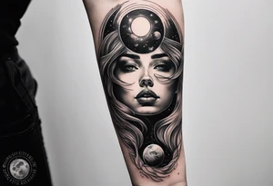A surrealistic forarm tattoo featuring beautiful woman’s face holding a planet in her hand. Above her head is a man being lifted up into a black hole tattoo idea
