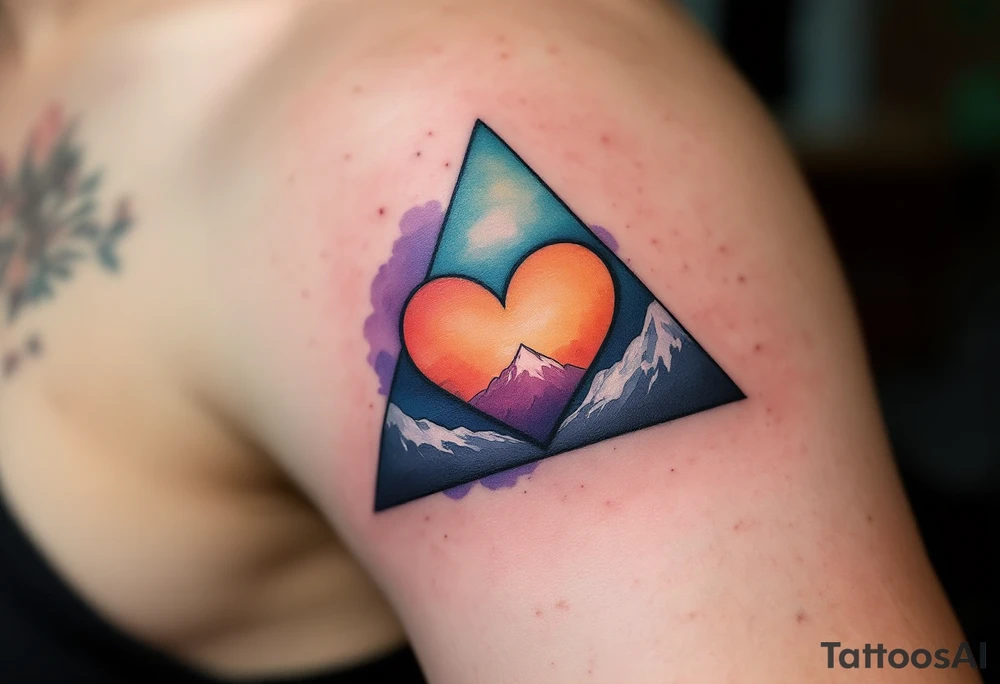 A triangle with a big heart in the cente with a mountain theme tattoo idea